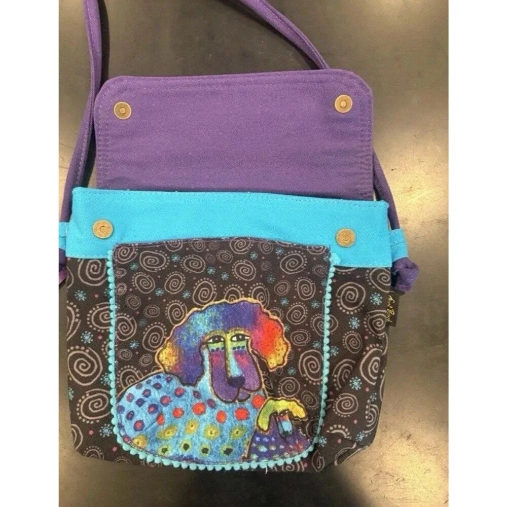 Laurel Burch Shoulder Bag Multicolor Dogs Poodles Canvas Artsy Boho Vtg